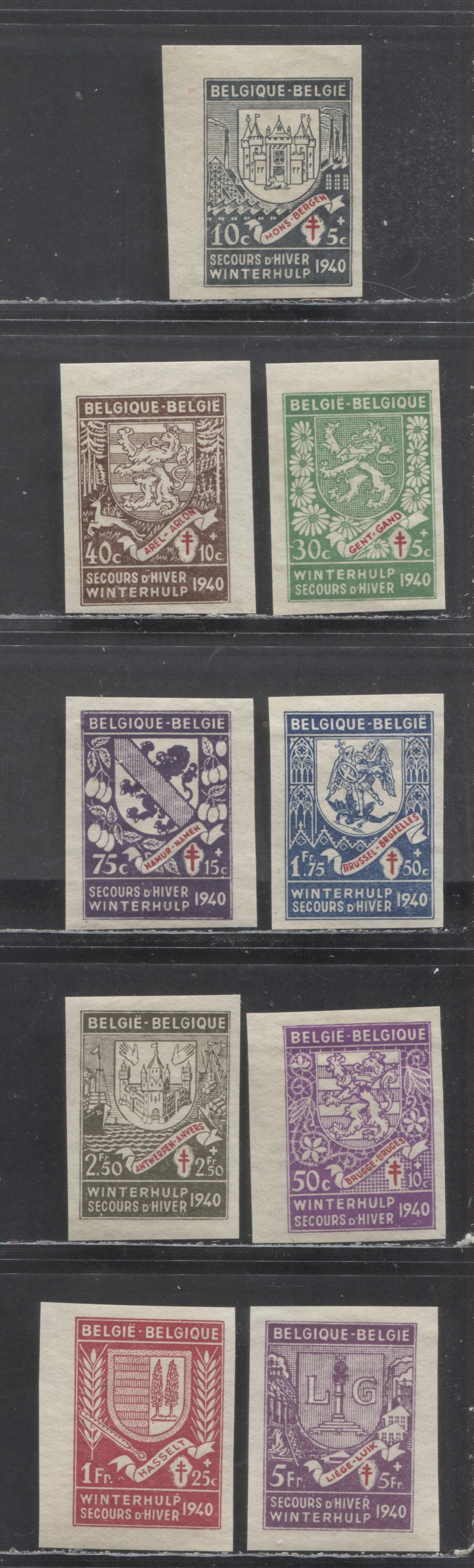 Lot 59 Belgium SC#B279a-B279i 1941 Arms Semi Postals, 9 VFOG Singles, Click on Listing to See ALL Pictures, 2017 Scott Cat. $12.8