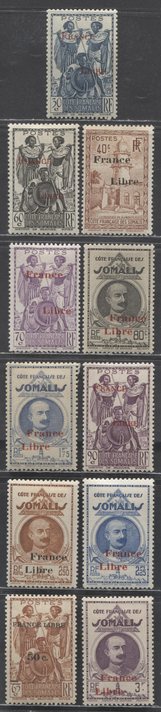 Lot 6 Affars & Issas (Somali Coast) SC#202/223 1943 France Libre Overprints, 11 VFOG Singles, Click on Listing to See ALL Pictures, 2017 Scott Cat. $31