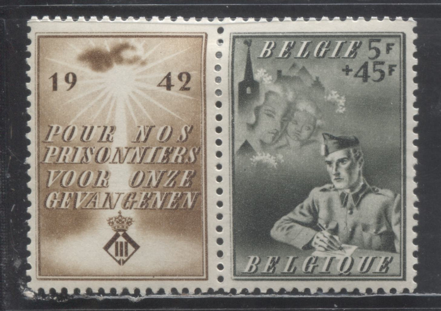 Lot 61 Belgium SC#B331 5f+45f Olive Gray 1942 Prisoners Of War Semi Postals, A VFOG Single + Label, Click on Listing to See ALL Pictures, 2017 Scott Cat. $7