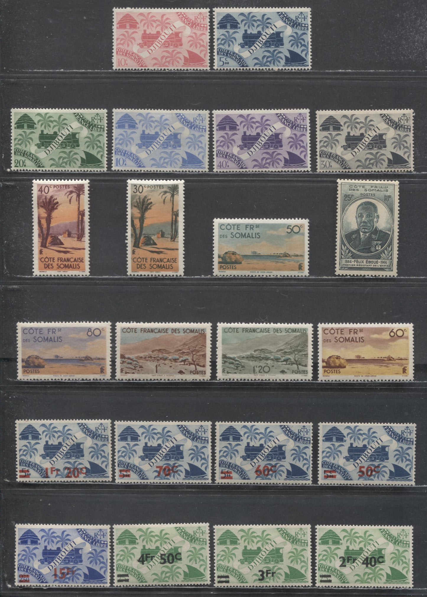Lot 7 Affars & Issas (Djibouti) SC#224/255 1943-1947 Locomotive, Palms & Pictorial Definitives, 22 VFOG Singles, Click on Listing to See ALL Pictures, 2017 Scott Cat. $21.85