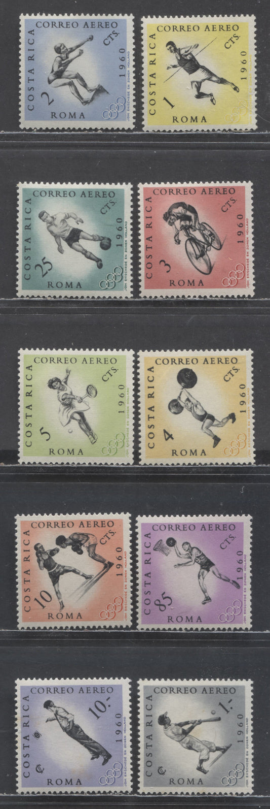 Lot 364 Costa Rica SC#C303-C312 1960 Olympic Games Airmail Issue, 10 VFOG Singles, Click on Listing to See ALL Pictures, Estimated Value $6