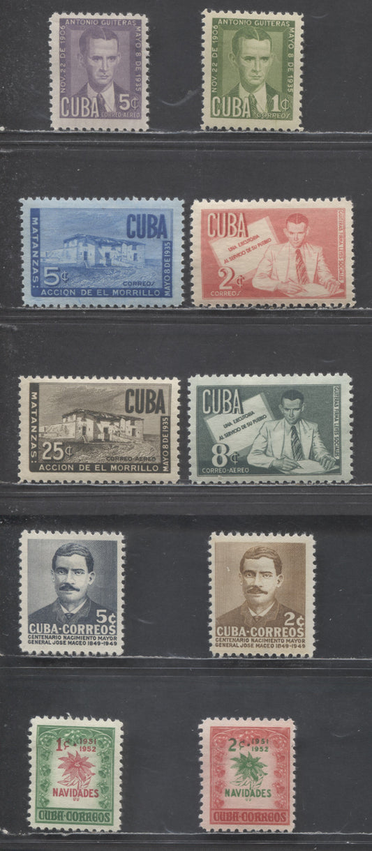 Lot 368A Cuba SC#466/C49 1951-1952 16th Anniversary Of The Action Of The Morrillo - Maceo Issues, 10 F/VFOG Singles, Click on Listing to See ALL Pictures, Estimated Value $16