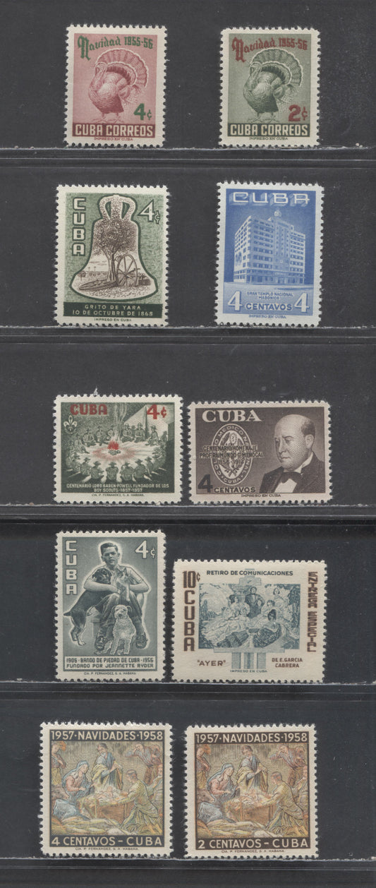 Lot 372 Cuba SC#547/589 1955-1957 Christmas Issues, 10 VFOG & NH Singles, Click on Listing to See ALL Pictures, Estimated Value $17