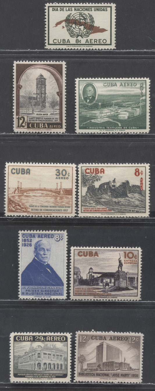 Lot 378 Cuba SC#C169/E23 1957-1958 United Nations Day - Jose Ignacio Riveroy Alonso Airmail Issues, 9 VFOG & NH Singles, Click on Listing to See ALL Pictures, Estimated Value $12