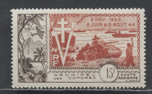 Lot 380B Comoro Islands SC#C4 15fr Sepia & Red 1954 Liberation Issue Airmail, A VFOG Single, Click on Listing to See ALL Pictures, Estimated Value $17