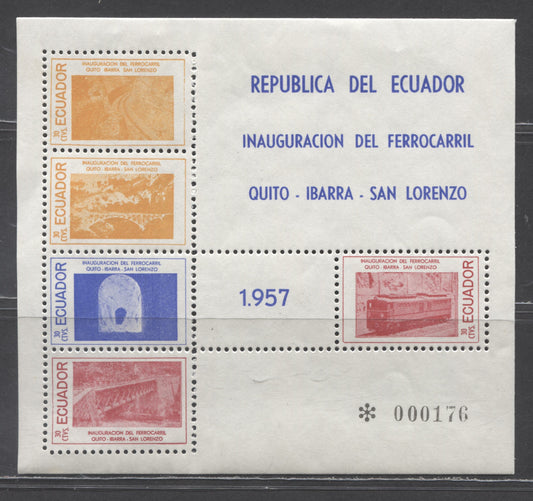 Lot 393 Ecuador SC#619 Yellow, Blue & Red 1957 Opening Of Quito-Ibarra San Lorenzo Railway, A VFNH Sheet Of 5, Click on Listing to See ALL Pictures, 2017 Scott Cat. $9.25