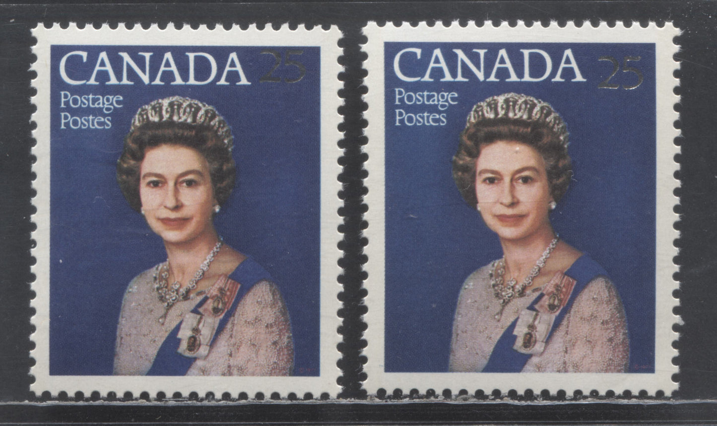 Canada #704var 25c Silver & Multicolored Queen Elizabeth II, 1977 Silver Jubilee Issue, 2 VFNH Singles With Raised & Dropped Silver '25', On LF3/LF3 & DF/DF Papers