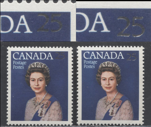 Canada #704var 25c Silver & Multicolored Queen Elizabeth II, 1977 Silver Jubilee Issue, 2 VFNH Singles With Raised & Dropped Silver '25', On LF3/LF3 & DF/DF Papers