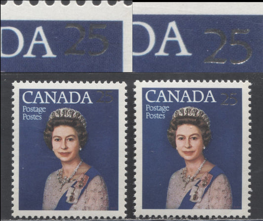 Lot 444 Canada #704var 25c Silver & Multicolored Queen Elizabeth II, 1977 Silver Jubilee Issue, 2 VFNH Singles With Raised & Dropped Silver '25', On LF3/LF3 & DF/DF Papers