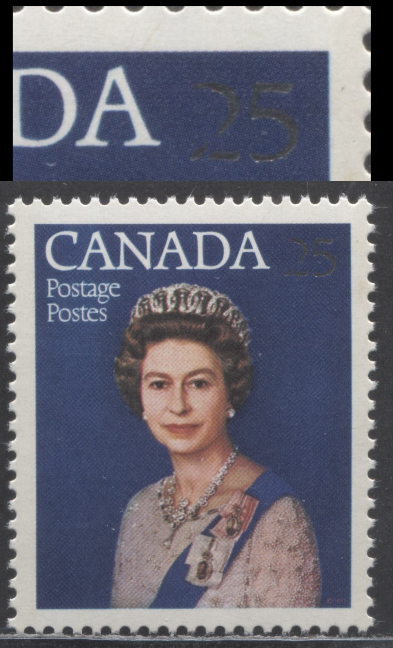 Lot 445 Canada #704var 25c Silver & Multicolored Queen Elizabeth II, 1977 Silver Jubilee Issue, A VFNH Single With Cracked '2' In '25', Which Is Also Dropped Below Canada, On LF3/LF3 Flecked Paper