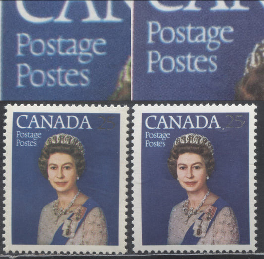 Lot 446 Canada #704var 25c Silver & Multicolored Queen Elizabeth II, 1977 Silver Jubilee Issue, 2 VFNH Singles With Violet Blue Shifted Very Slightly To The Right, Resulting In 'Blurry Appearance', Normal For Comparison