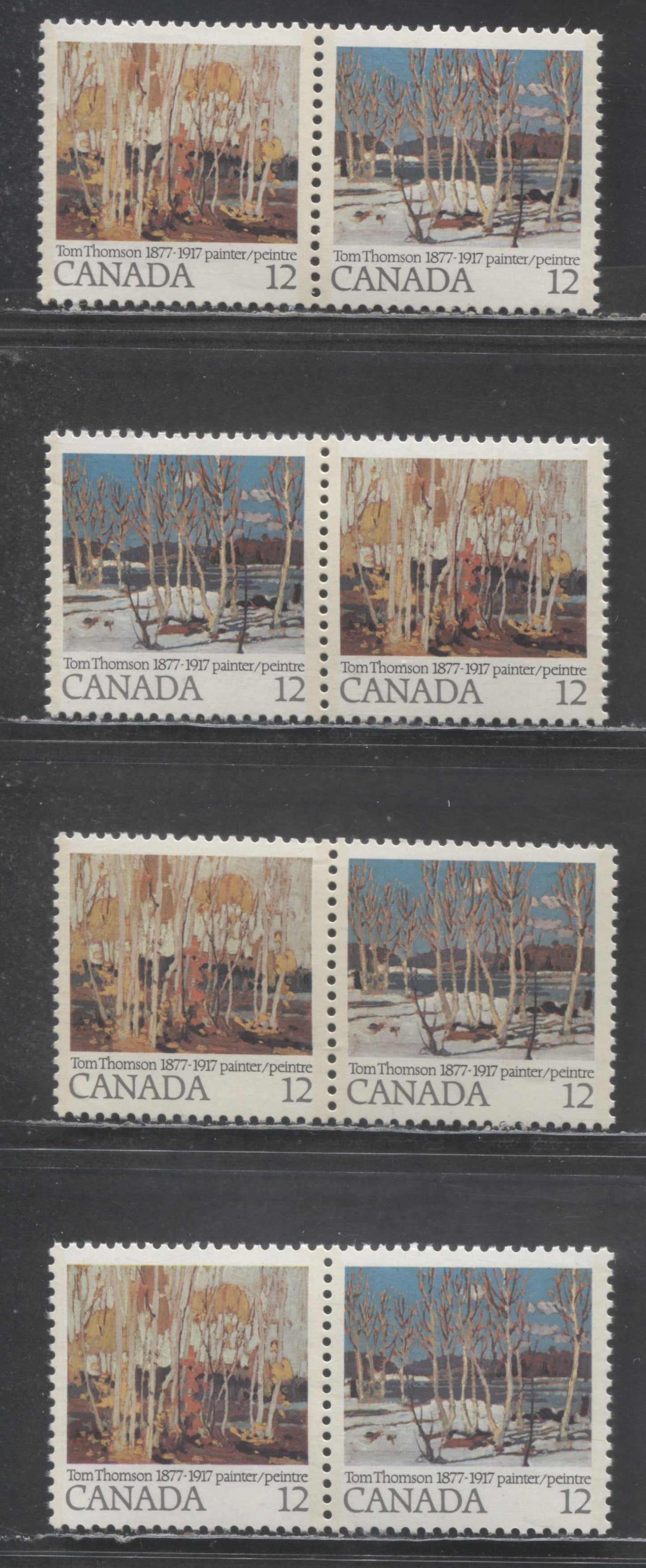 Lot 448 Canada #734var 12c Multicolored April In Algonquin Park - Autumn Birches, 1977 Tom Thomson Issue, 4 VFNH Pairs On DF/DF & DF/LF Cream & Bright White Papers