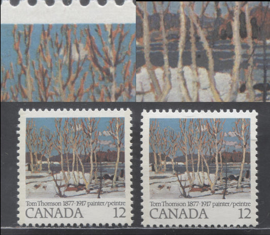 Lot 449 Canada #733i,ii 12c Multicolored April In Algonquin Park, 1977 Tom Thomson Issue, 2 VFNH Singles With Extra Branch (Pos.31) & Black Spot Between Trees (Pos. 13) Varieties, DF2/LF3 Papers