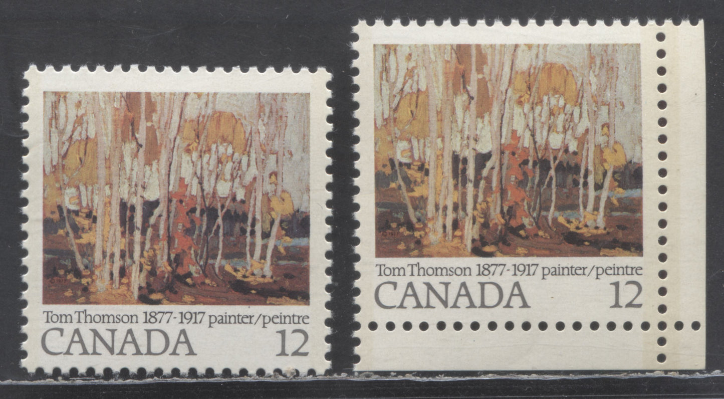 Lot 450 Canada #734i, ii 12c Multicolored Autumn Birches, 1977 Tom Thomson Issue, 2 VFNH Singles With Dot Above 'R' In Painter (Pos. 42) & Stroke Above D Of Canada (Pos. 50) Varieties On DF2/LF3-fl Papers