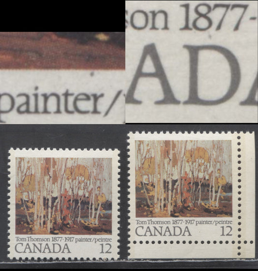 Lot 450 Canada #734i, ii 12c Multicolored Autumn Birches, 1977 Tom Thomson Issue, 2 VFNH Singles With Dot Above 'R' In Painter (Pos. 42) & Stroke Above D Of Canada (Pos. 50) Varieties On DF2/LF3-fl Papers