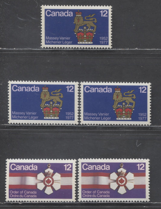 Lot 451 Canada #735-736 12c Multicolored Governor General's Standard & Order Of Canada Medal, 1977 Canadian Governors General & Order Of Canada Issues, 4 VFNH Singles On DF/DF & DF/NF Papers