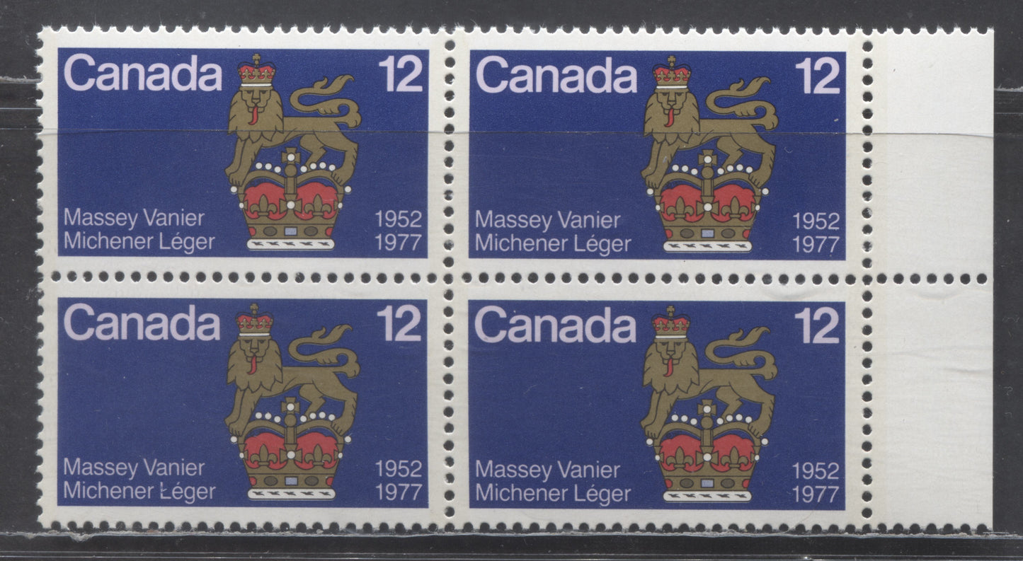 Lot 453 Canada #735var 12c Multicolored Governor General's Standard, 1977 Canadian Governors General Issue, A VFNH Block Of 4 With Unlisted Stroke From 'L' Of Leger, Pos. 24, On DF2/DF2 Paper