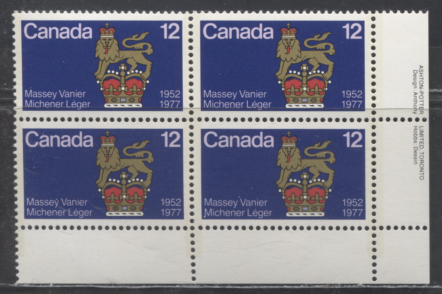 Lot 454 Canada #735var 12c Multicolored Governor General's Standard, 1977 Canadian Governors General Issue, A VFNH LR Block Of 4 With Dot Above V Of Vanier (Pos. 50), DF1/DF1 Paper