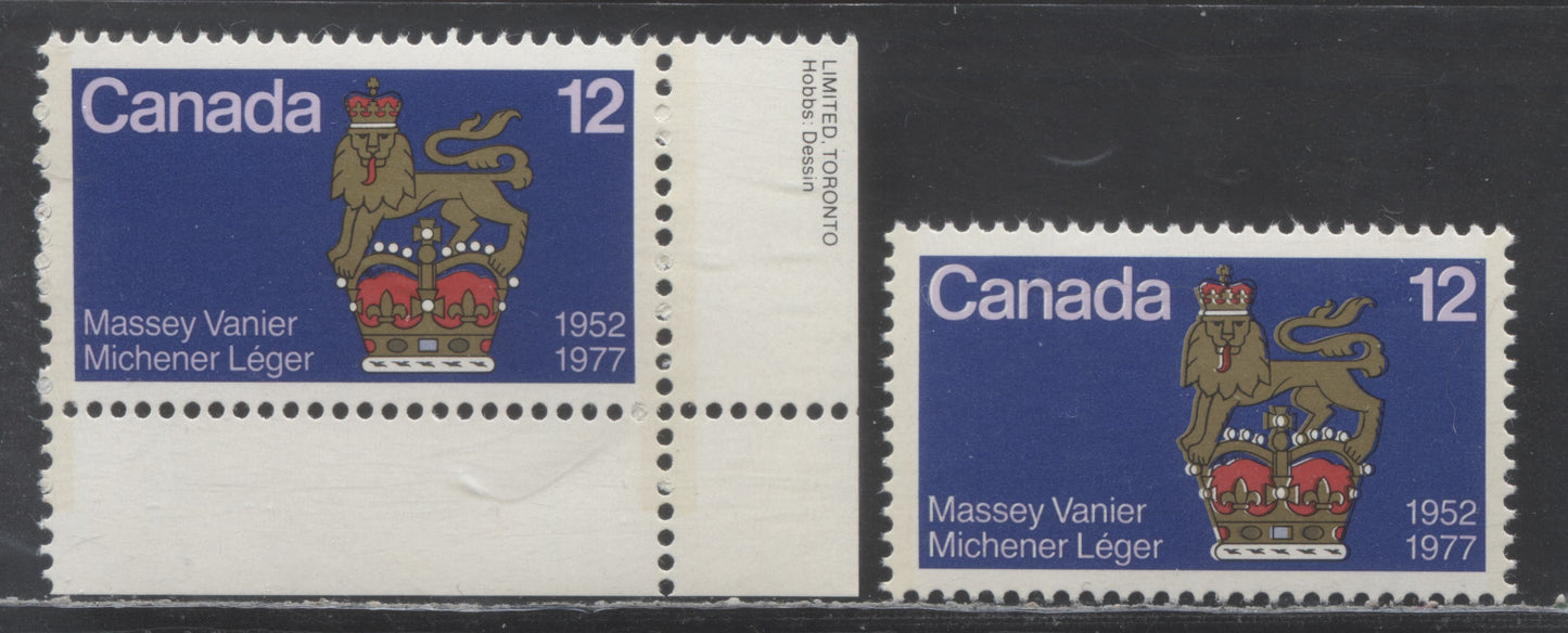 Lot 455 Canada #735var 12c Multicolored Governor General's Standard, 1977 Canadian Governors General Issue, 2 VFNH Singles With Pearls Doubled Due To Rightwood Shift Of Black, On DF1/DF1 Paper, Normal For Comparison