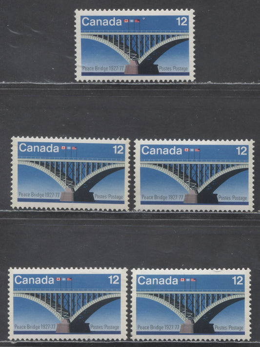 Lot 457 Canada #737, ii, iii 12c Multicolored Peace Bridge, 1977 Peace Bridge Issue, 5 VFNH Singles On DF/DF, LF/F & F/MF Papers