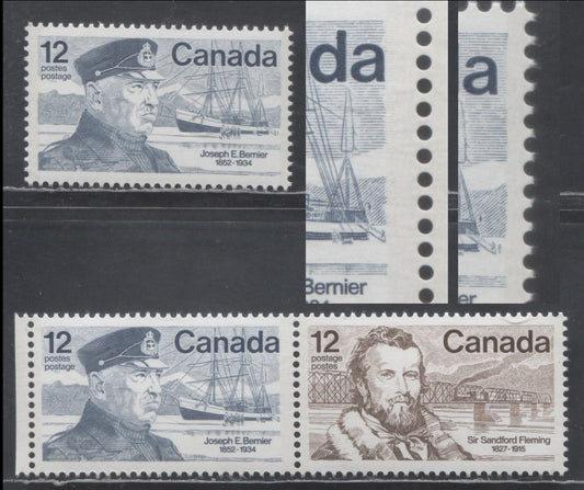Lot 460 Canada #739a 12c Multicolored Joseph E Bernier - Sir Sandford Fleming, 1977 Famous Canadians Issue, 2 VFNH Single & Pair On NF/DF1 Paper With Short Print At Left, With 1mm Strip Of Right Side Of Bernier Stamp Being Printed Only Albino