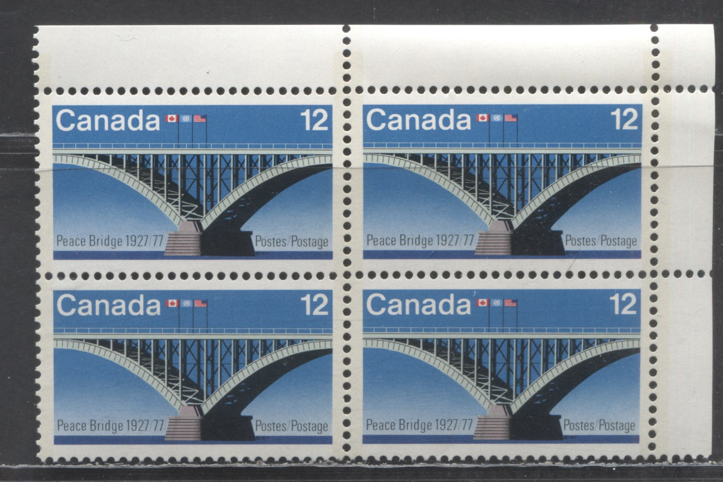Lot 461 Canada #737ii 12c Multicolored Peace Bridge, 1977 Peace Bridge Issue, A VFNH Block Of 4 On LF3-fl/F5-fl Paper With Taggant Streak Down The Two Left Stamps