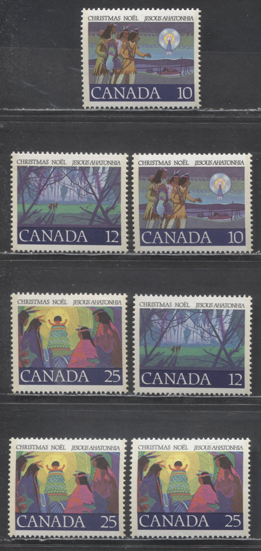 Lot 463 Canada #741-743 10c-25c Multicolored Hunters Following Star - Christ Child, 1977 Christmas Issue, 7 VFNH Singles On DF/DF, DF/LF, LF/LF & LF/F Papers