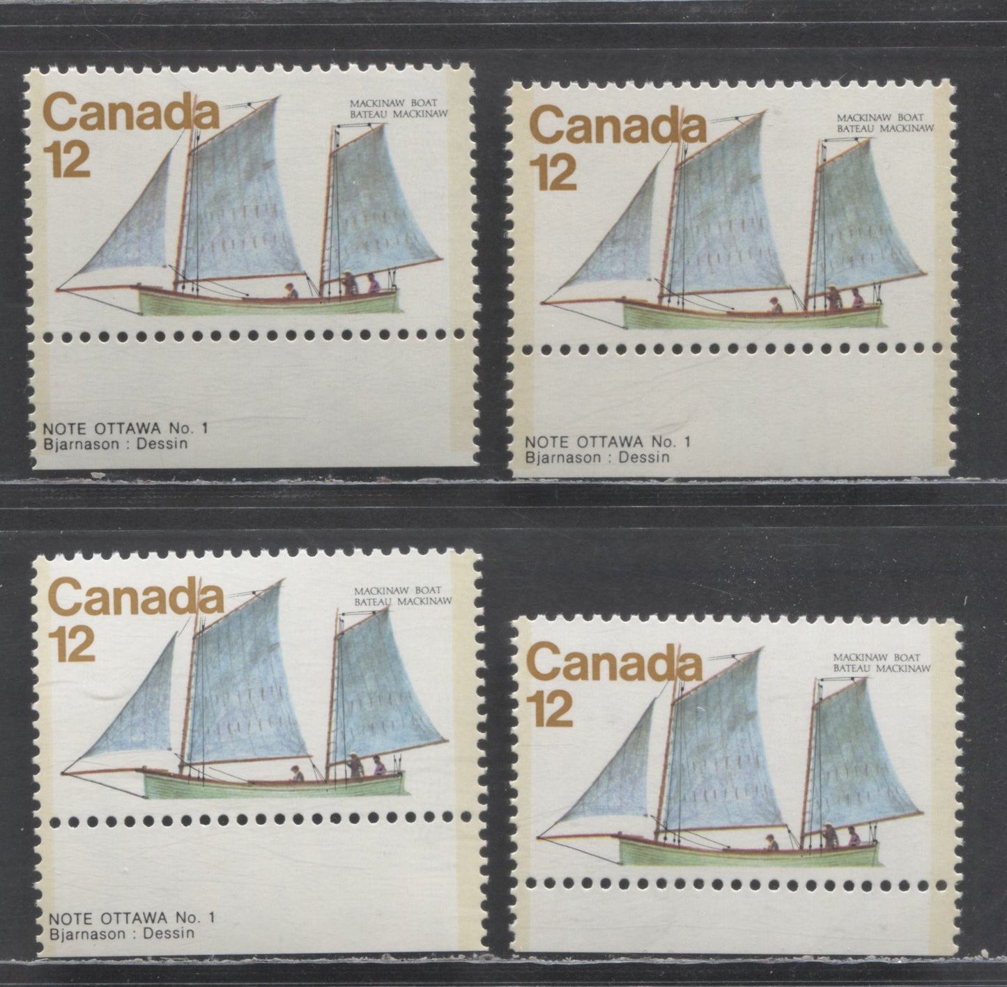 Lot 464 Canada #747i 12c Multicolored Mackinaw Boat, 1977 Sailing Vessels Issue, 4 VFNH Singles Showing 3 Pulleys From Pos. 47 On DF/LF, DF/DF & DF/NH Papers