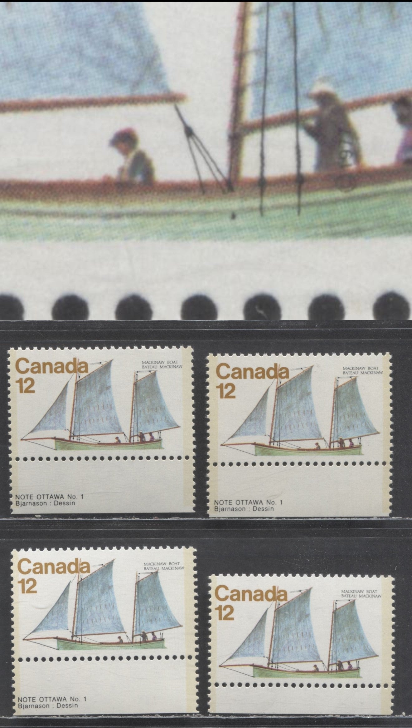 Lot 464 Canada #747i 12c Multicolored Mackinaw Boat, 1977 Sailing Vessels Issue, 4 VFNH Singles Showing 3 Pulleys From Pos. 47 On DF/LF, DF/DF & DF/NH Papers