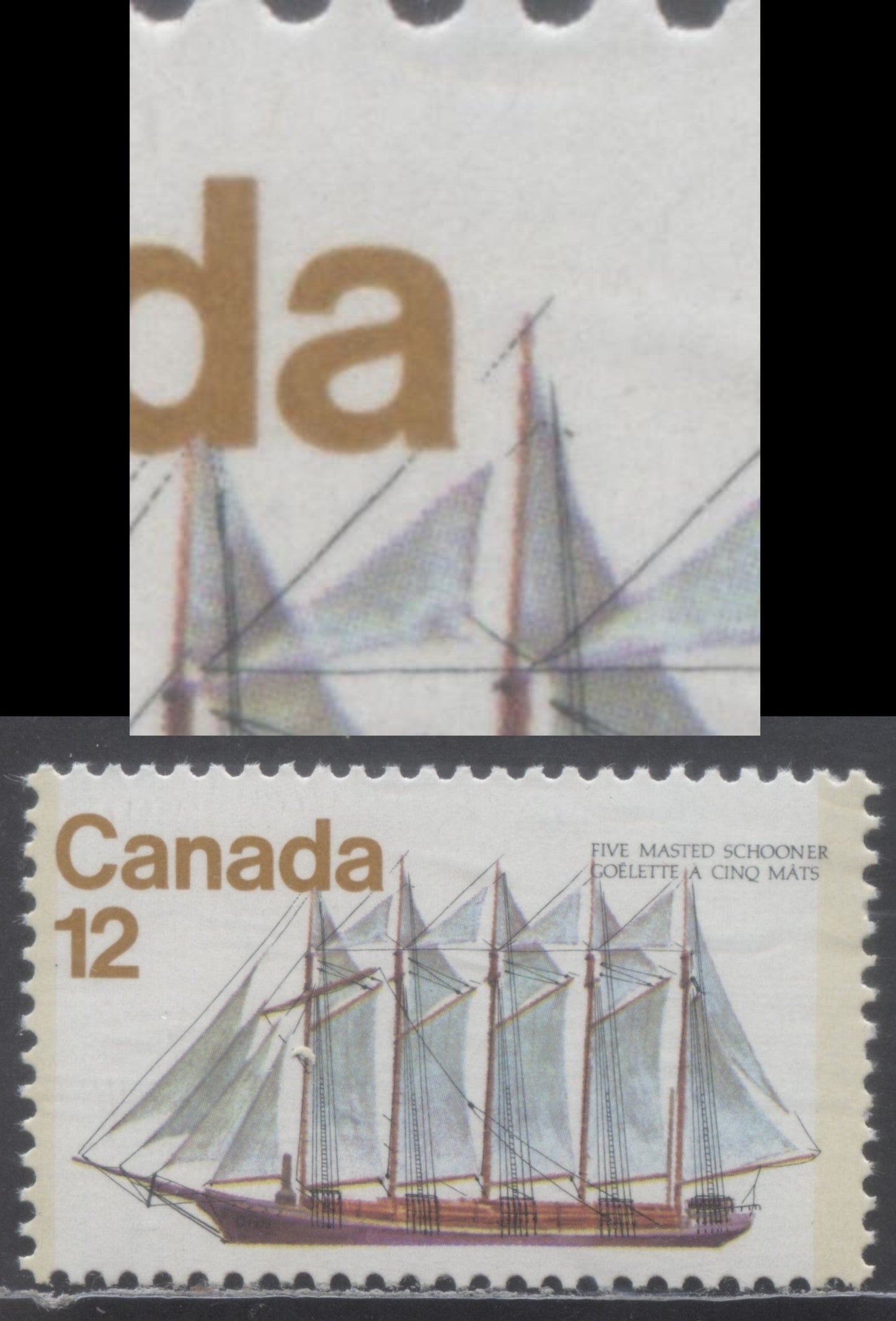 Canada #746i 12c Multicolored Five-Masted Schooner, 1977 Sailing Vessels Issue, A VFNH Single With Extra Rigging (Pos. 13) On DF/DF Paper