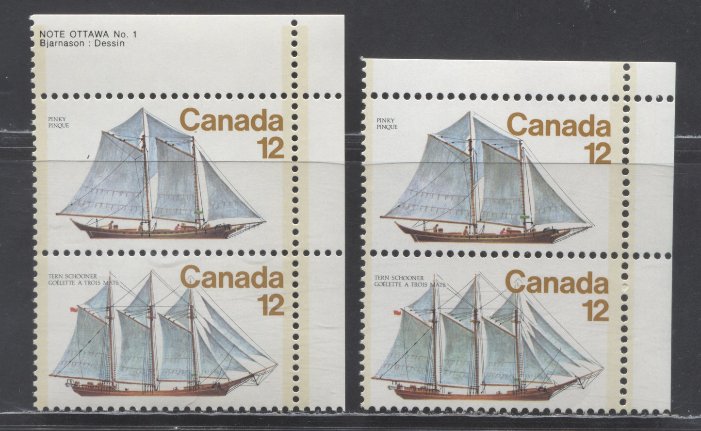 Canada #745i 12c Multicolored Tern Schooner, 1977 Sailing Vessels Issue, 2 VFNH Pairs With Notch In A Of Canada (Pos. 10) On DF1/LF3 & DF1/DF2 Papers