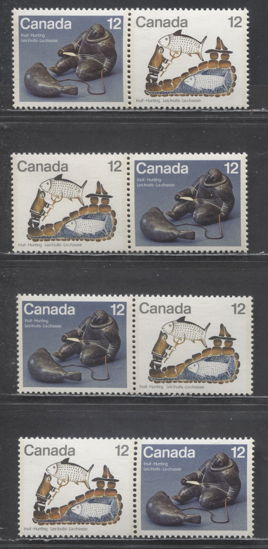 Lot 469 Canada #749a,ai 12c Multicolored Seal Hunter & Fisherman's Dream, 1977 Inuit Hunting Issue, 4 VFNH Pairs On DF/DF & DF/NF Papers With Normal & Fluorescent Inscriptions