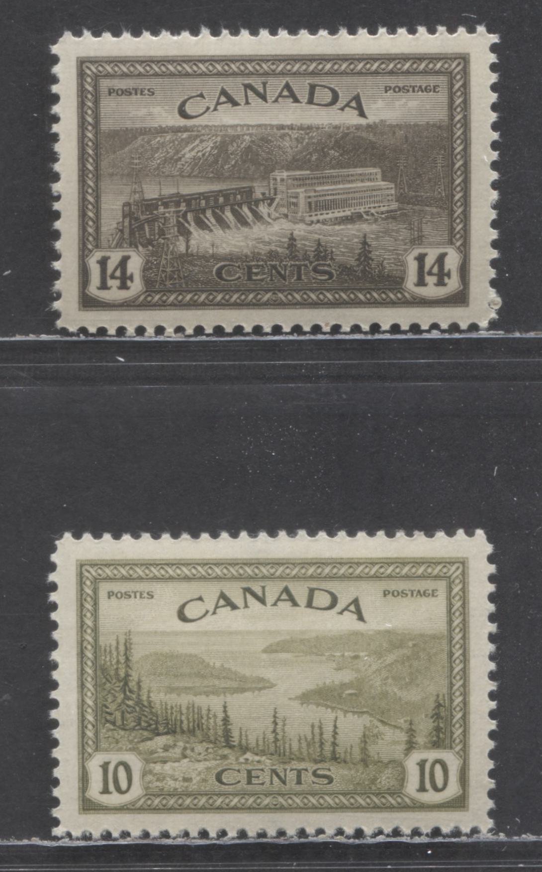 Lot 48 Canada #269-270 10c-14c Olive-Black Brown Great Bear Lake - Hydroelectric Station, 1946 KGVI Peace Issue, 2 VFNH Singles, With Horizontal Mesh Paper With Cream Gum