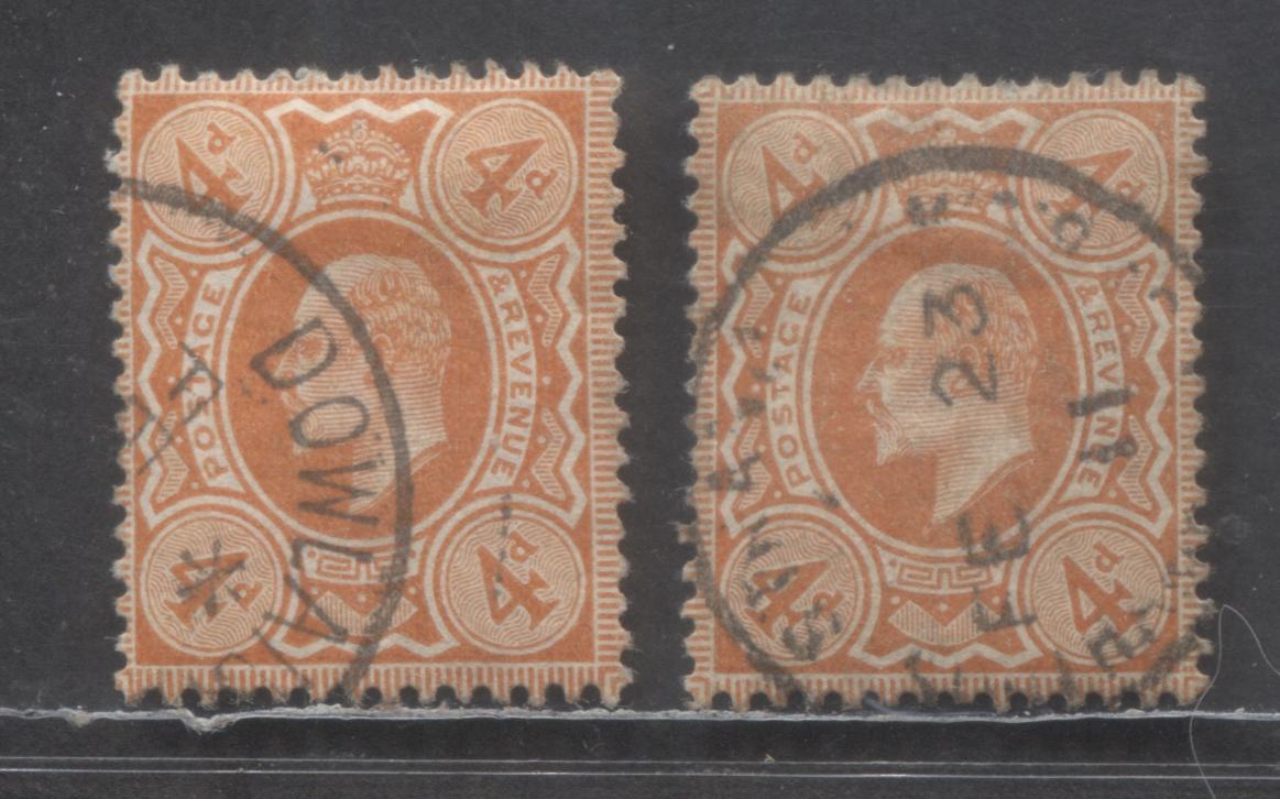 Lot 59 Great Britain SC#144 4p Orange Red 1909-1910 King Edward VII Issue, Two Shades, 2 Very Fine Used Singles, Click on Listing to See ALL Pictures, 2022 Scott Classic Cat. $35