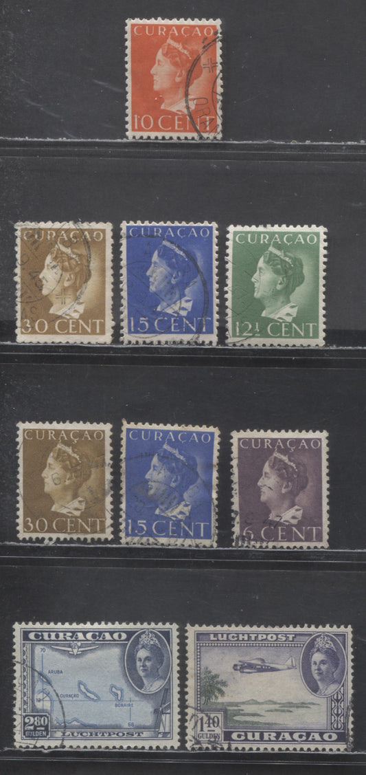 Lot 81 Netherlands Antilles SC#153/C30 1941-1942 Queen Wilhelmina Definitives - Airmails, 9 Very Fine Used Singles, Click on Listing to See ALL Pictures, 2017 Scott Cat. $17.7