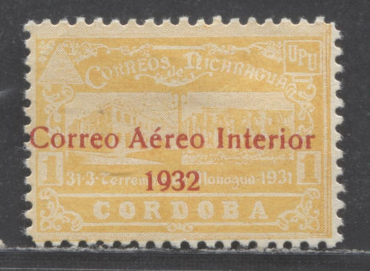 Lot 90 Nicaragua SC#C39 1cor Yellow 1932 Airmail Overprint, With No Gum, A Very Fine Unused Single, Click on Listing to See ALL Pictures, 2017 Scott Cat. $9.5