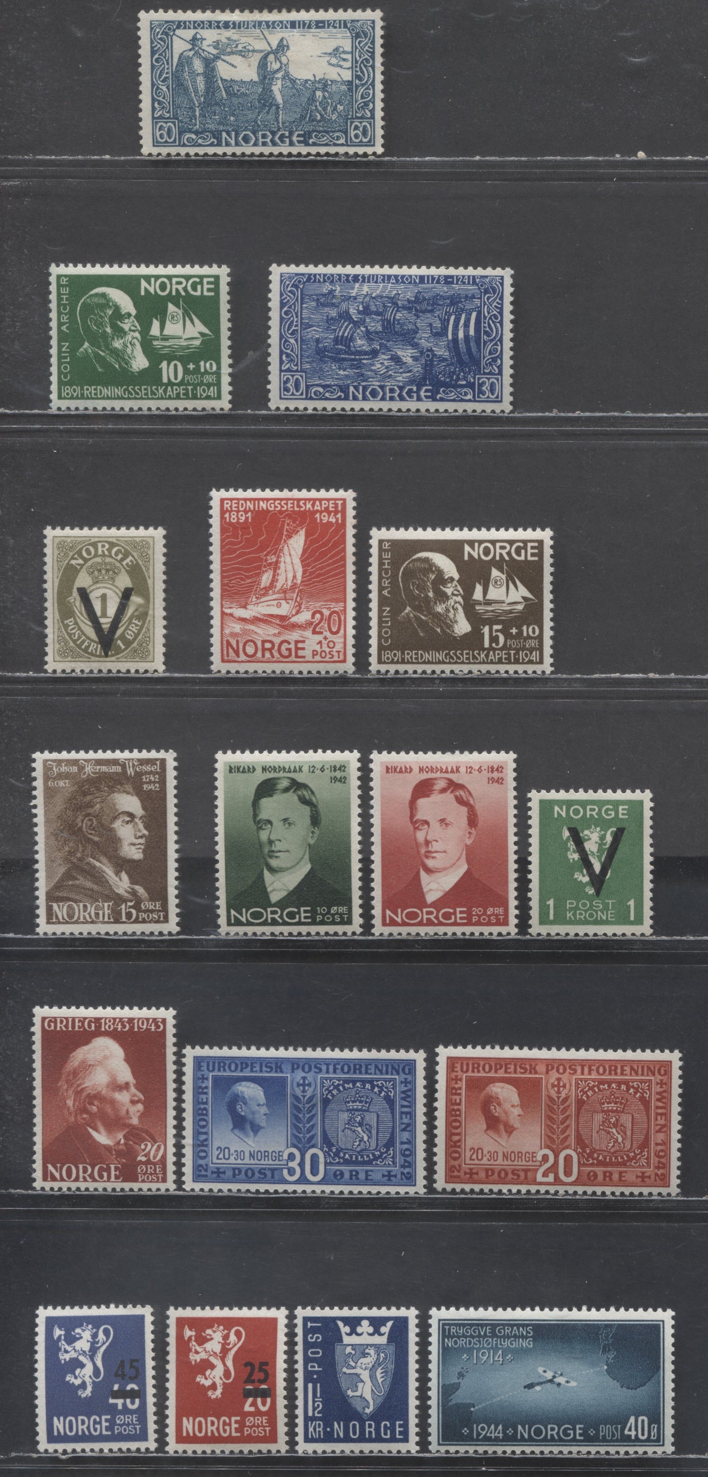 Lot 93 Norway SC#243/B22 1941 Snorri Sturluson - Semi Postals, 17 VFOG & NH Singles, Click on Listing to See ALL Pictures, 2017 Scott Cat. $22.1