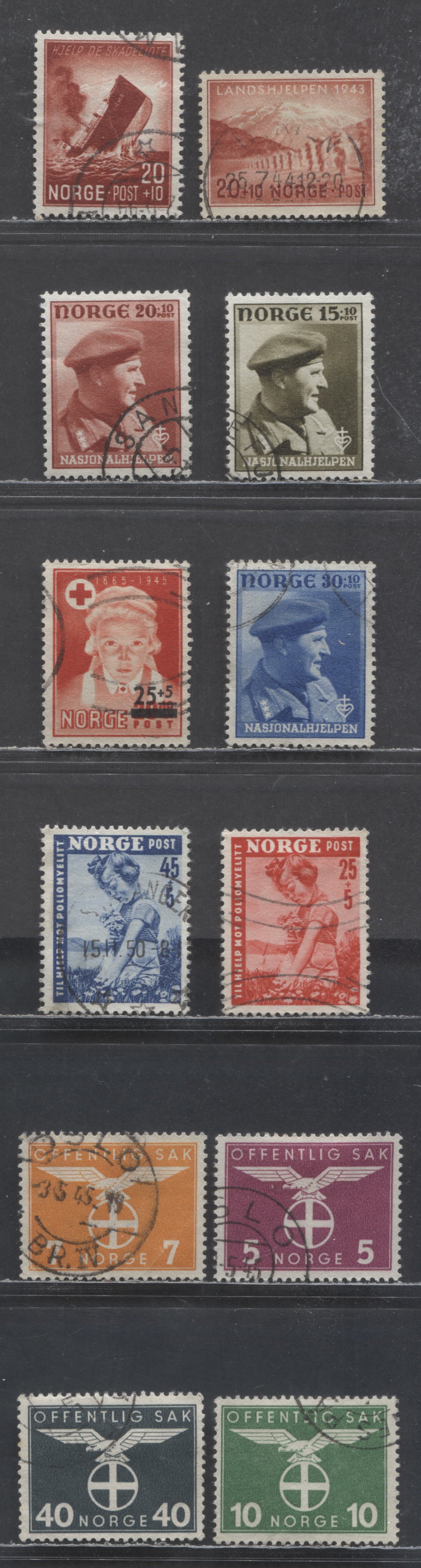 Lot 99 Norway SC#B33/O52 1942-1950 Poliomyselitis Victims, Semi Postals & Nazi Party Officials, 12 Very Fine Used Singles, Click on Listing to See ALL Pictures, 2017 Scott Cat. $29.55