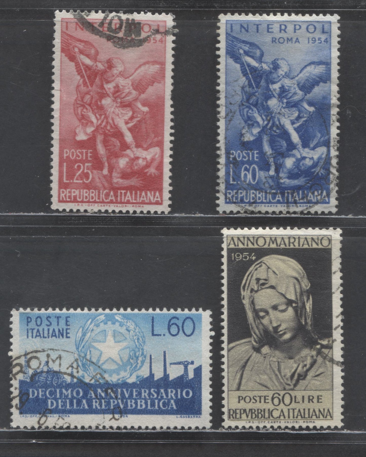 Italy SC#658/712 1954-1956 International Criminal Police - 10th Anniversary Of The Republic Issues, 4 Fine/Very Fine Used Singles, Click on Listing to See ALL Pictures, 2022 Scott Cat. $9.65