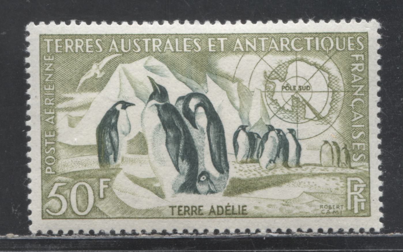 Lot 15 French Southern & Antarctic Territory SC#C1 50fr Light Olive Green & Dark Green 1956 Airmail Issue, A VFOG Single, Click on Listing to See ALL Pictures, Estimated Value $21