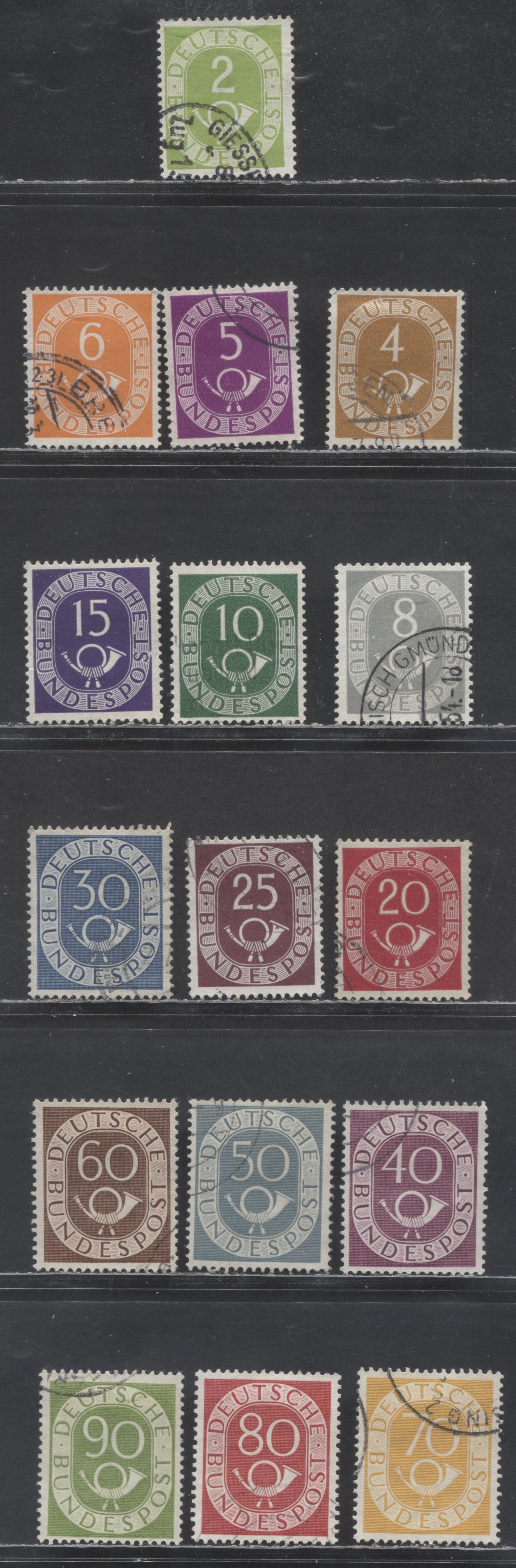 Lot 19 Germany SC#670-685 1951-1952 Posthorns Definitives, 16 Very Fine Used Singles, Click on Listing to See ALL Pictures, 2022 Scott Cat. $40.9