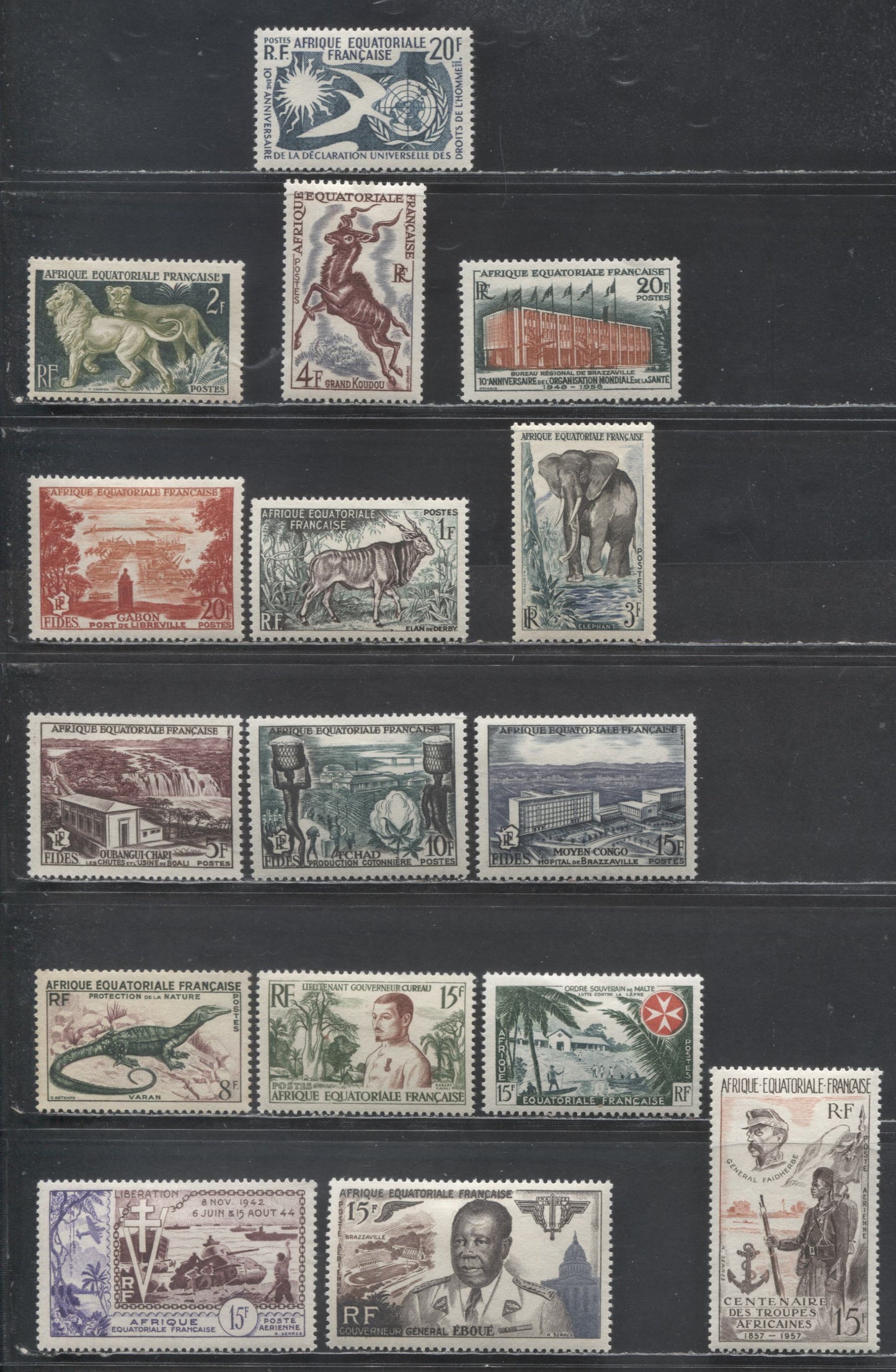 Lot 2 French Equatorial Africa SC#187/C43 1954-1957 Cureau - Airmail Issues, 16 VFOG & NH Singles, Click on Listing to See ALL Pictures, Estimated Value $20