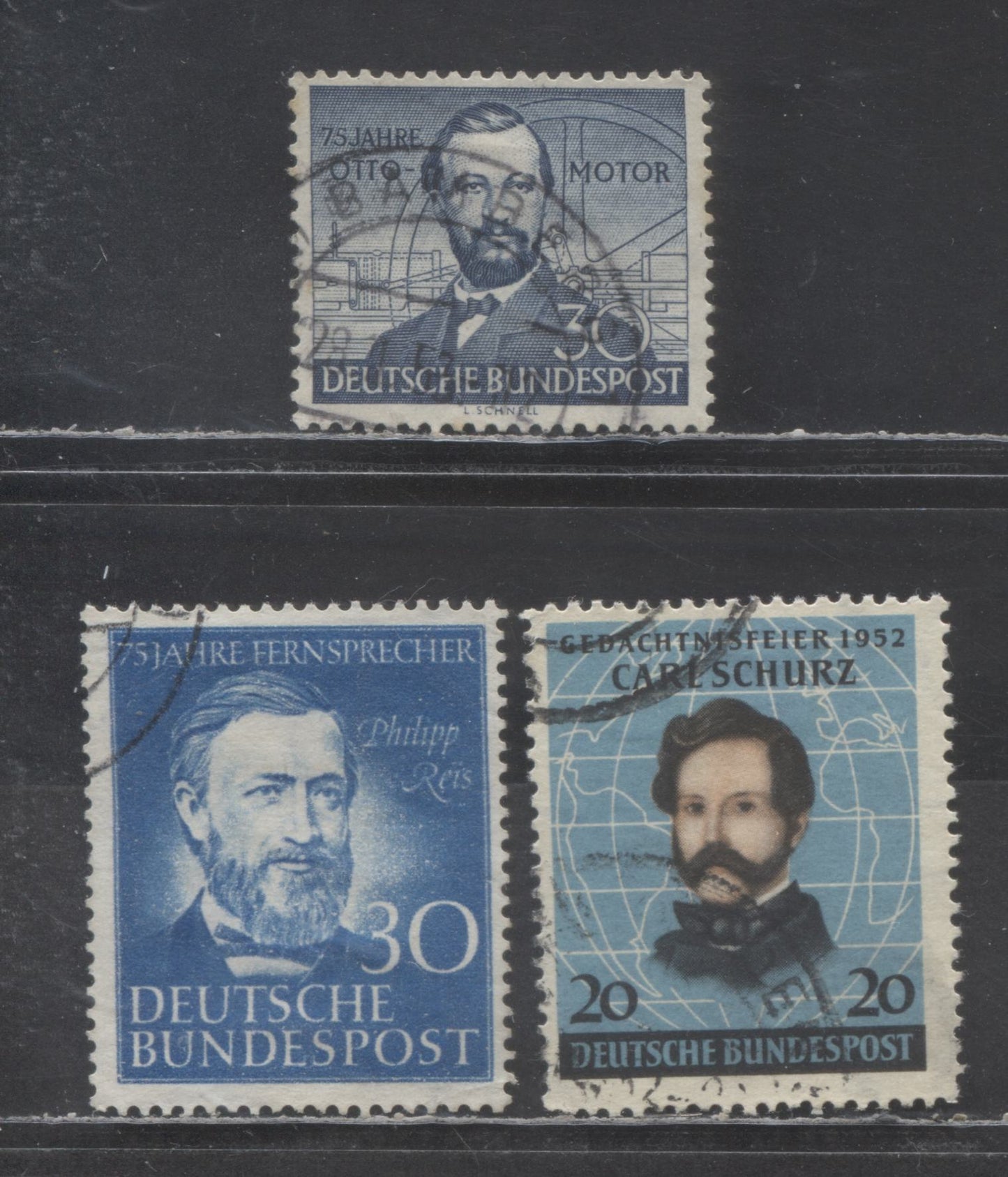 Lot 22 Germany SC#688/693 1952 75th Anniversary Of The 4 Cycle Gas Engine - 75th Years Of Telephone Service Issues, 3 Very Fine Used Singles, Click on Listing to See ALL Pictures, Estimated Value $25