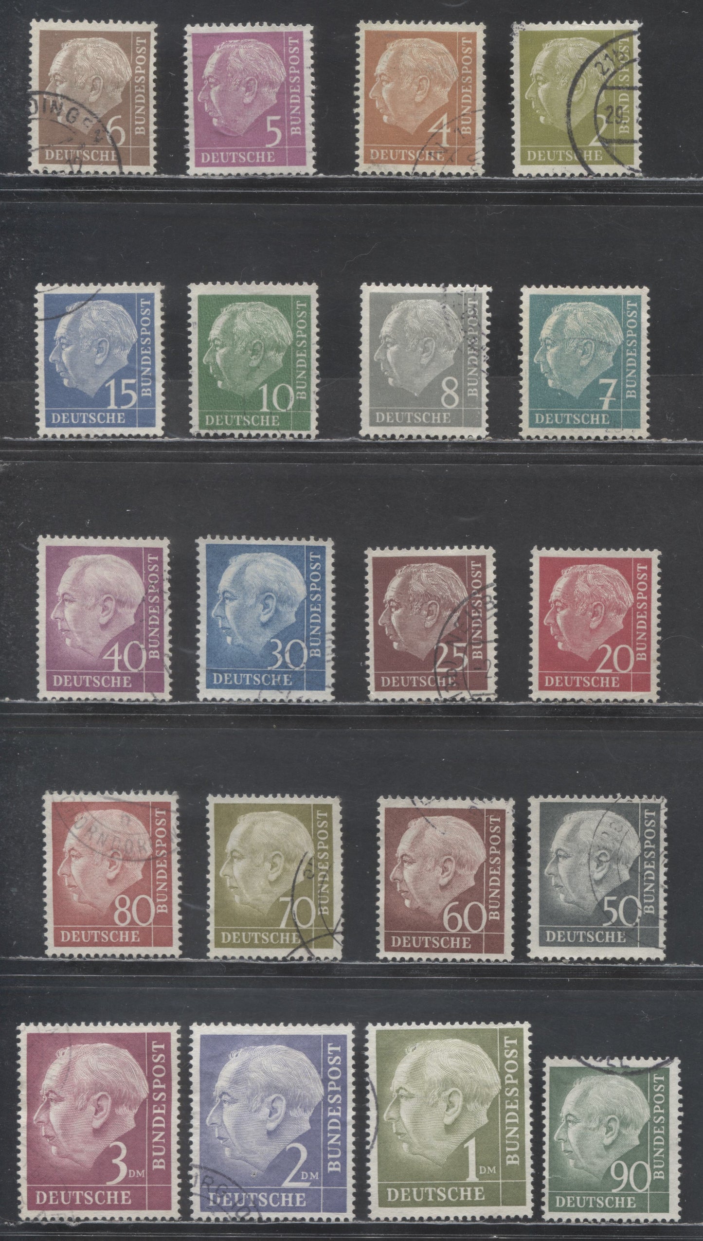 Lot 24 Germany SC#702-721 1954-1960 Theodor Heuss Definitives, 20 Very Fine Used Singles, Click on Listing to See ALL Pictures, 2022 Scott Cat. $22.35