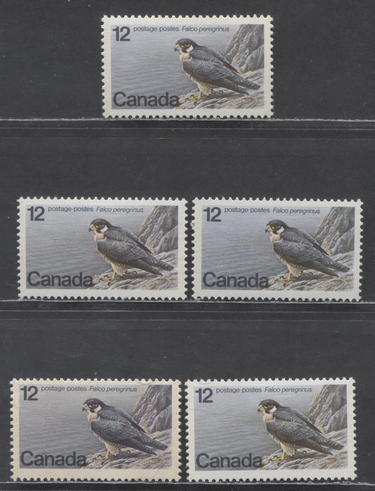 Canada #752, 752iii 12c Multicolored Peregrine Falcon, 1978 Endangered Wildlife Issue, 5 VFNH Singles On DF1/DF1 & DF1/DF2-fl Papers, Includes A thinner DF1/DF1 Paper