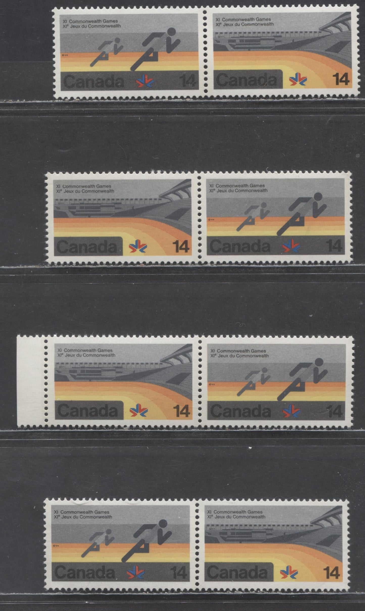 Canada #760a, aii 14c Multicolored Running, 1978 Commonwealth Games Issue, 4 VFNH Pairs On DF/NF, DF/NF-fl. DF2/LF & LF3/F5-fl Papers