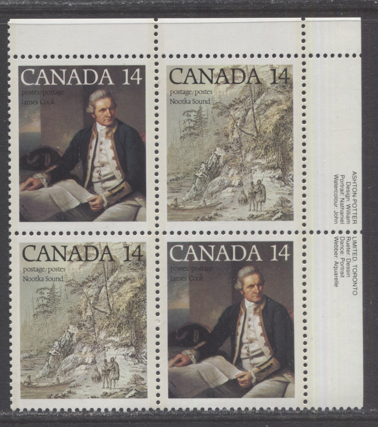 Canada #764aii 14c Multicolored Captain James Cook - Nootka Sound, 1978 Captain James Cook Issues, A VFNH UR Block Of 4 On DF1/DF1 Paper, Stroke Under T Variety