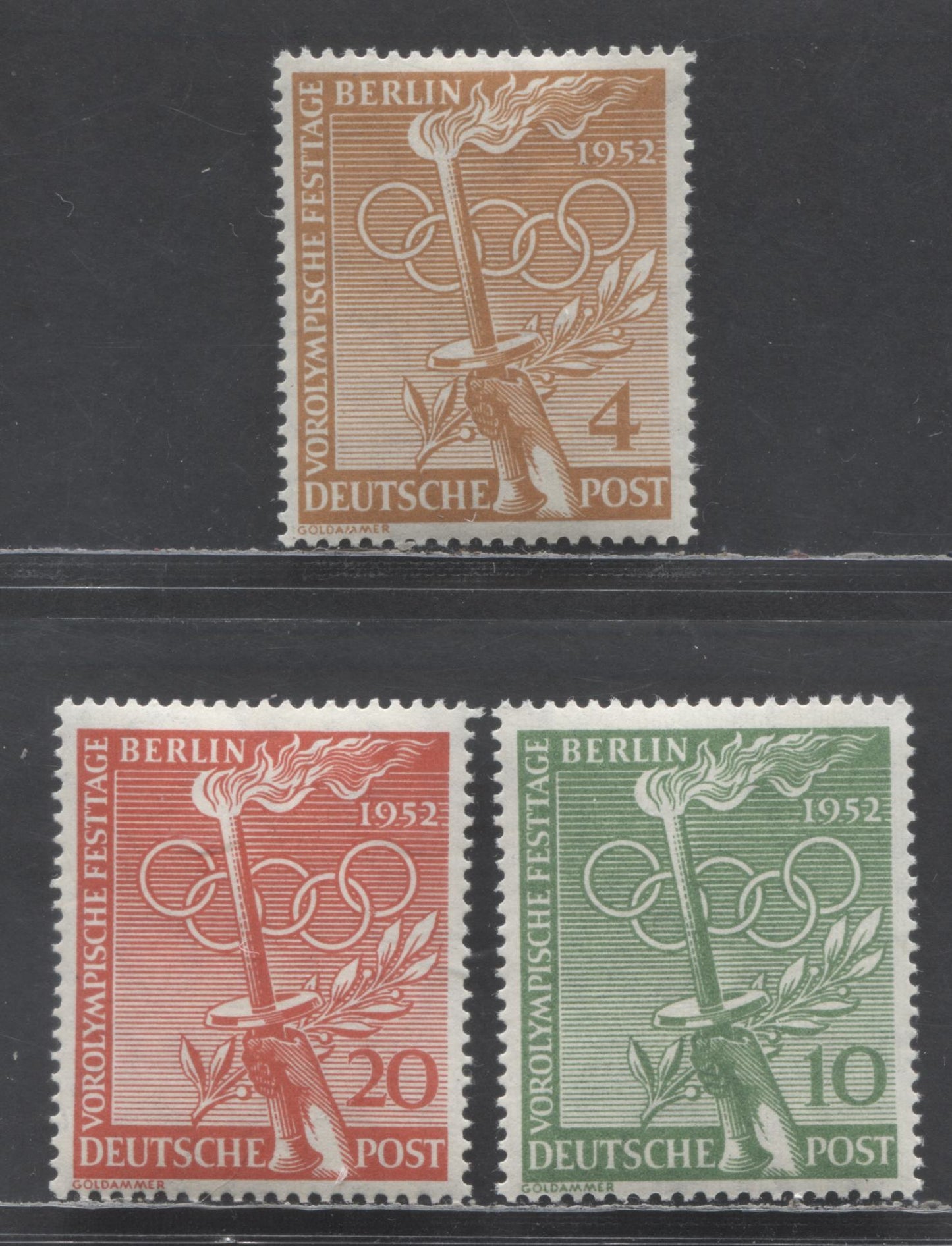 Lot 43 Germany - Berlin SC#9N81-9N83 1952 Pre-Olympic Festival Day Issue, 3 F/VFNH Singles, Click on Listing to See ALL Pictures, 2022 Scott Cat. $24