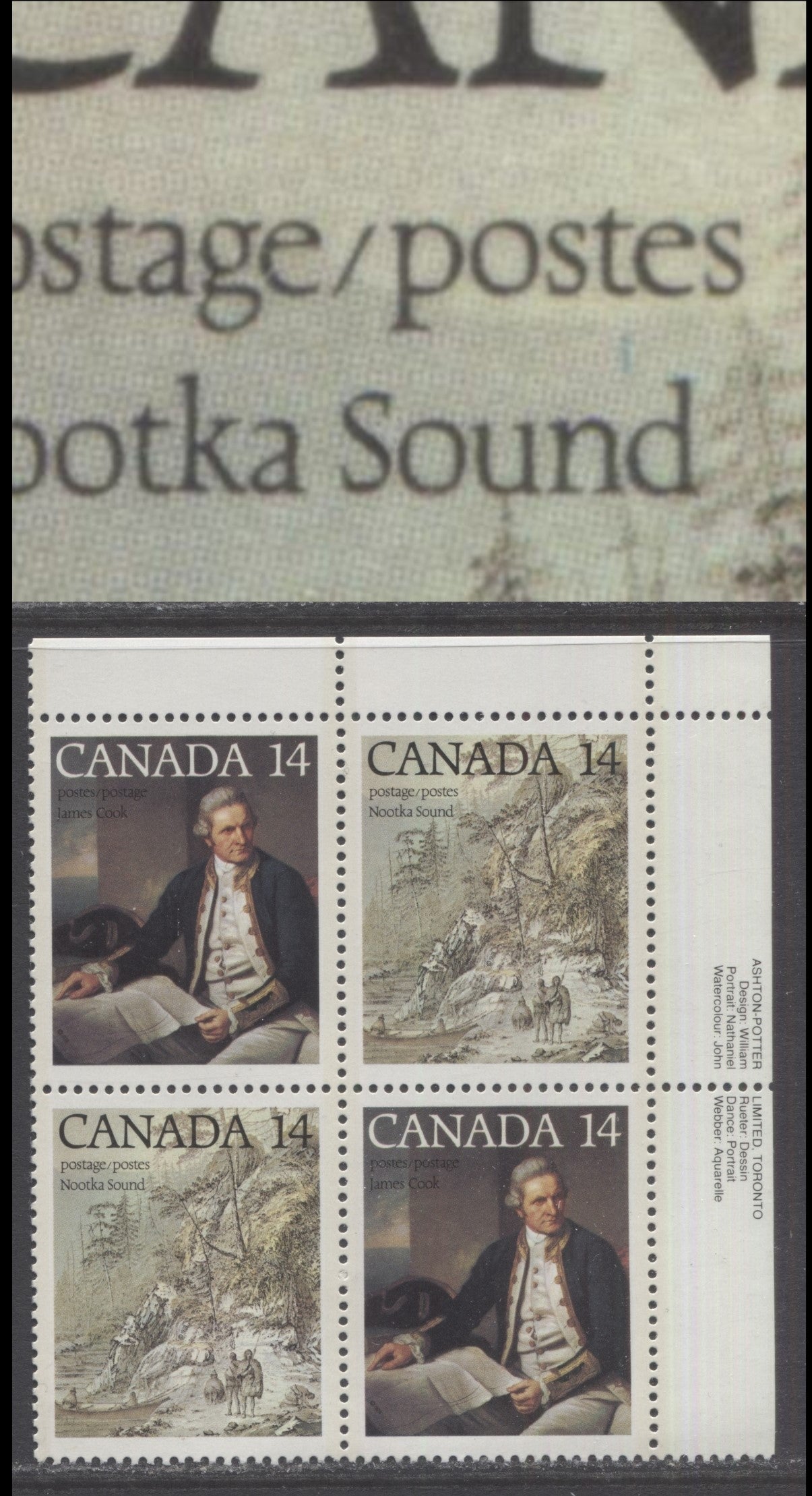 Canada #764aii 14c Multicolored Captain James Cook - Nootka Sound, 1978 Captain James Cook Issues, A VFNH UR Block Of 4 On DF1/DF1 Paper, Stroke Under T Variety