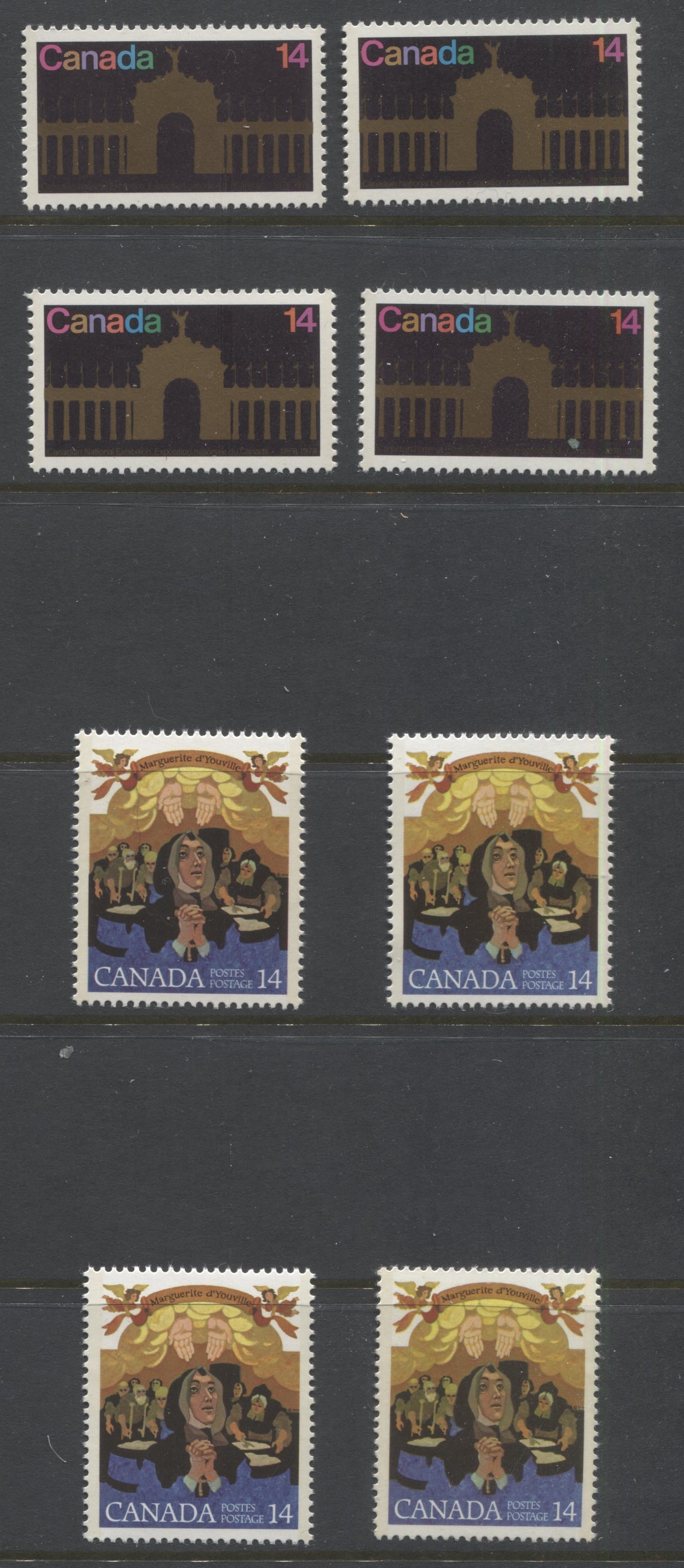 Canada #767-768 14c Multicoloured, 1978 CNE Exhibition and Mere d’Youville Issue, A Specialized Group of VFNH Mint Singles On DF/NF, NF/NF, DF/DF and DF/LF Papers